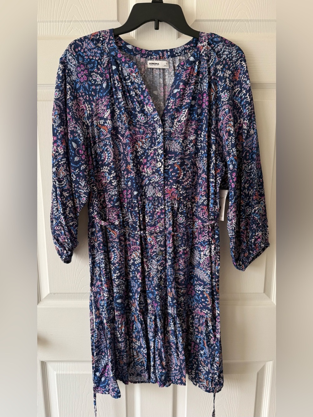 SONOMA Navy Floral Button-Front Tiered Dress with Pink Accents
